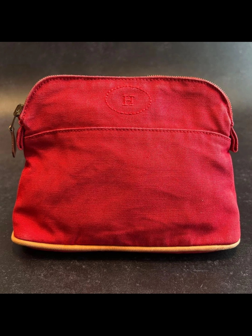 Hermes Red Canvas Toiletry Pouch with Tan Base Trim